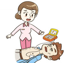 자동심장충격기(AED)를 연결한 환자에게 손을 떼고 지켜보는 모습