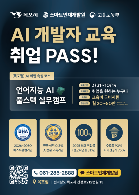 목포시 스마트인재개발원 고용노동부 AI 개발자 교육 취업 PASS! [목포점] AI 취업 속성 코스 언어지능 AI 풀스택 실무캠프 교육기간 | 3/31~10/14 교육대상 | 취업을 원하는 누구나 교육비 | 교육비 국비지원 훈련수당 | 월 20~80만 2026~2030 베스트훈련기관 전국 상위 0.3% AI전문 교육기관 2025 최고 취업률 (평균취업률81%) 수료율 90% + 비전공자 75% [QR코드바로가기 : https://m.site.naver.com/1Wd9k] 061-285-2888 스마트인재개발원 목포점 | 전라남도 목포시 산정로212번길 13