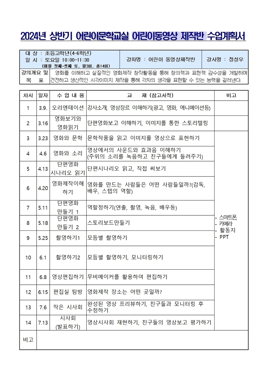 동영상제작반 강의계획서